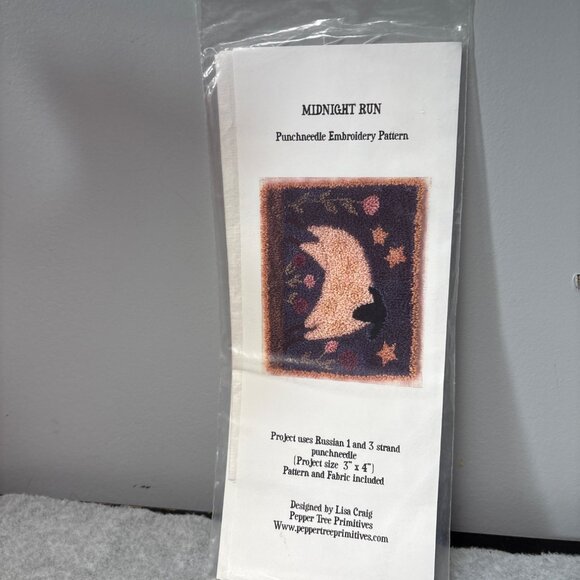 Midnight Run Moon & Stars Punch Needle Pattern Kit by Pepper Tree Primitives 3x4 - Picture 5 of 6